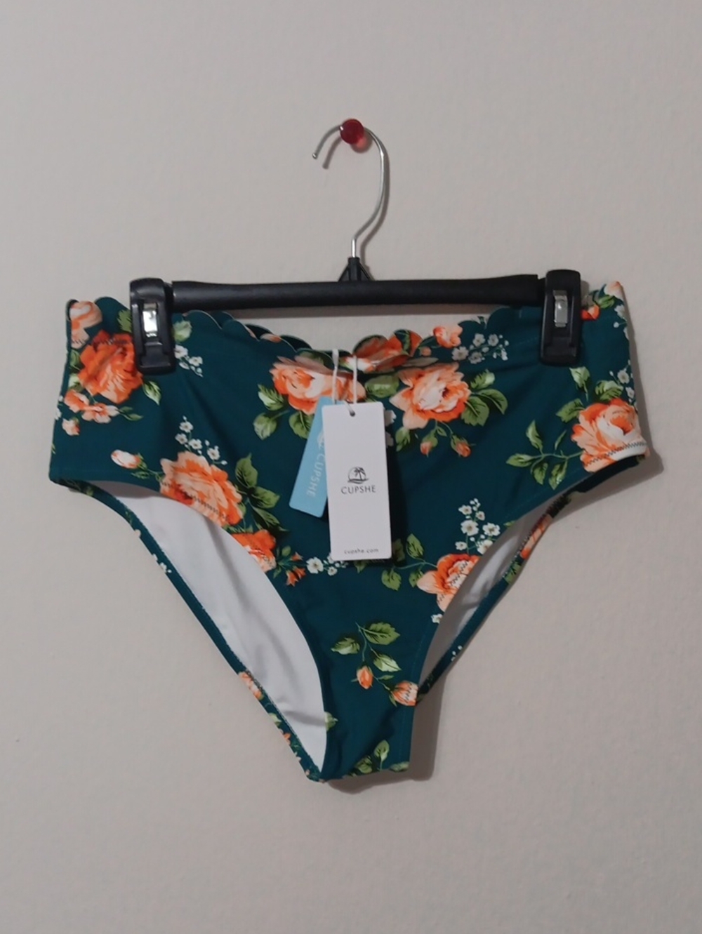 Cupshe Teal Floral High-Rise Bikini Bottom with Orange Blooms